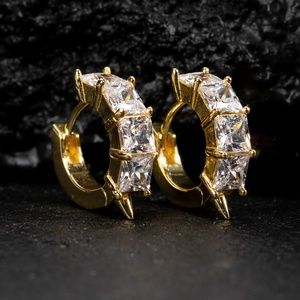 Mens Iced Princess Cut Gold Plated Sterling Silver Rockstar Spike Hoop Earrings